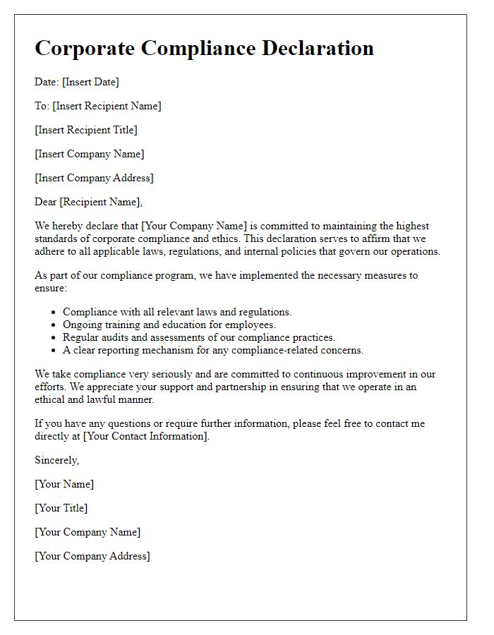 Letter template of corporate compliance declaration.