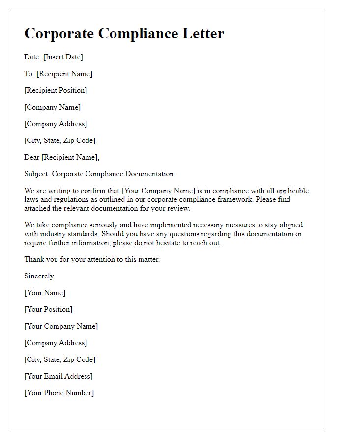 Letter template of corporate compliance documentation.