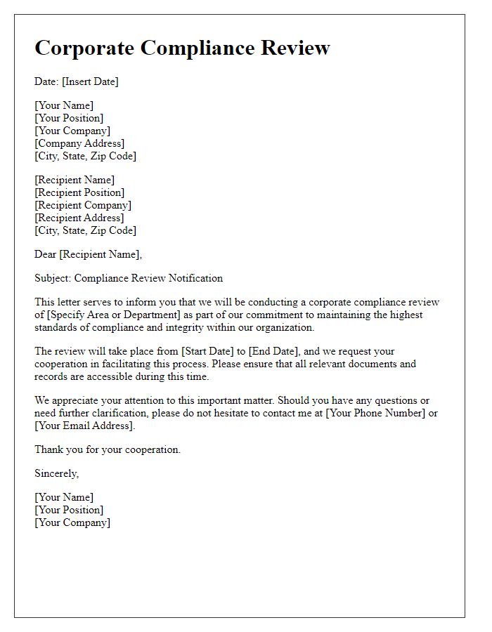 Letter template of corporate compliance review.