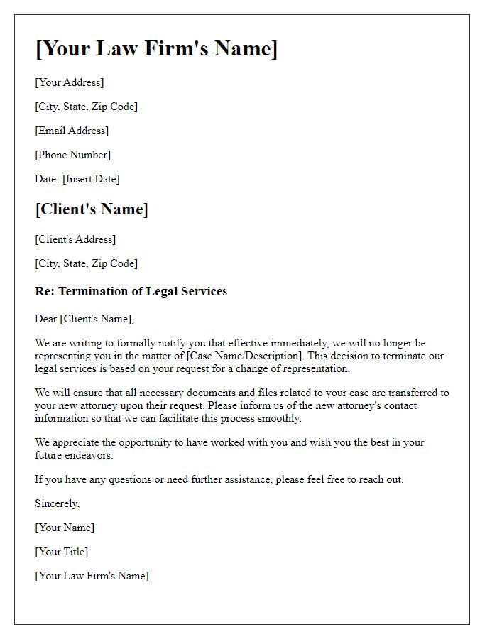 Letter template of legal services termination for change of representation