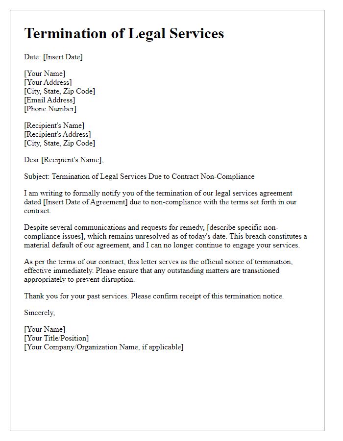 Letter template of legal services termination for contract non-compliance