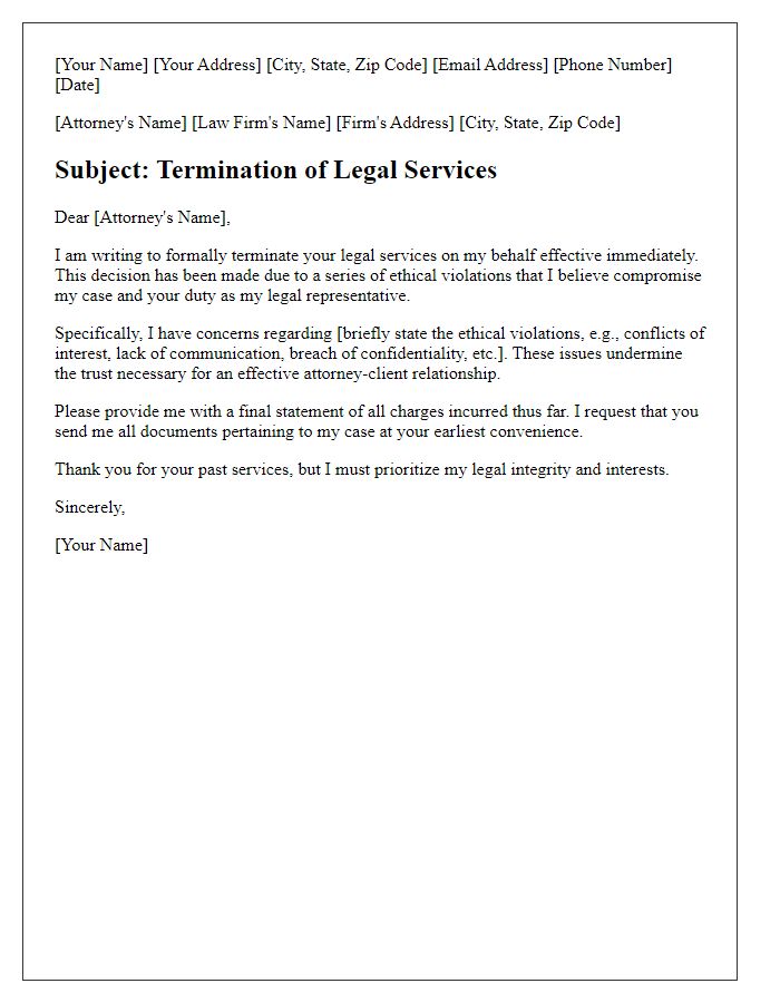 Letter template of legal services termination for ethical violations