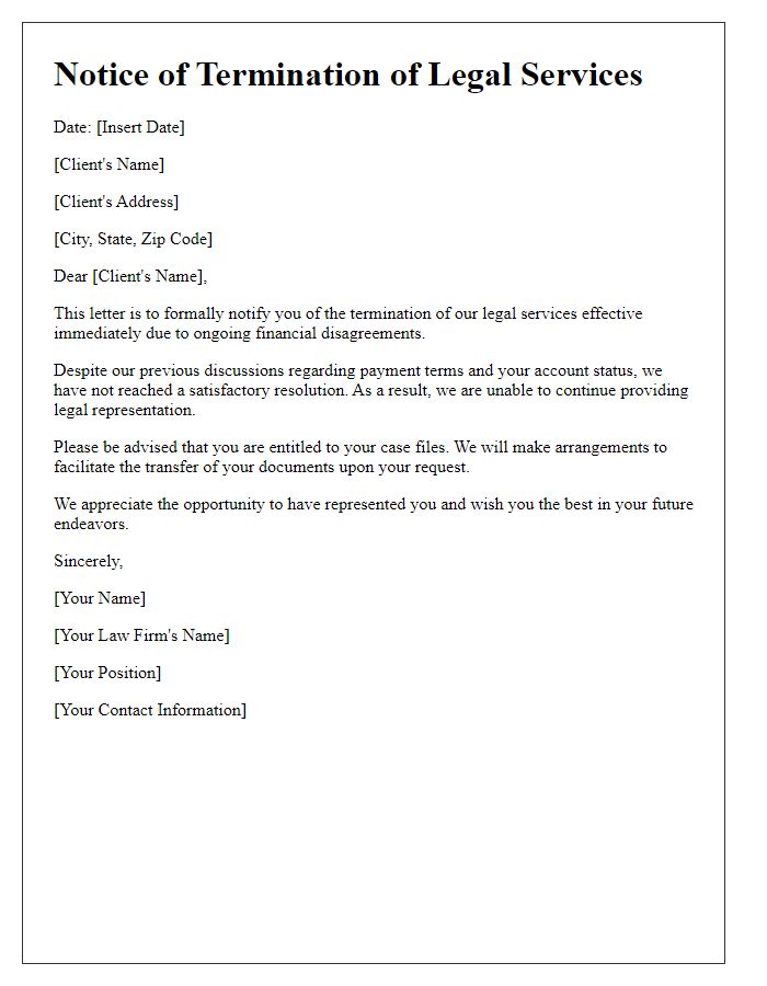 Letter template of legal services termination for financial disagreements