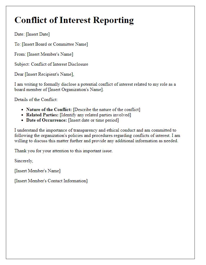 Letter template of board member conflict of interest reporting