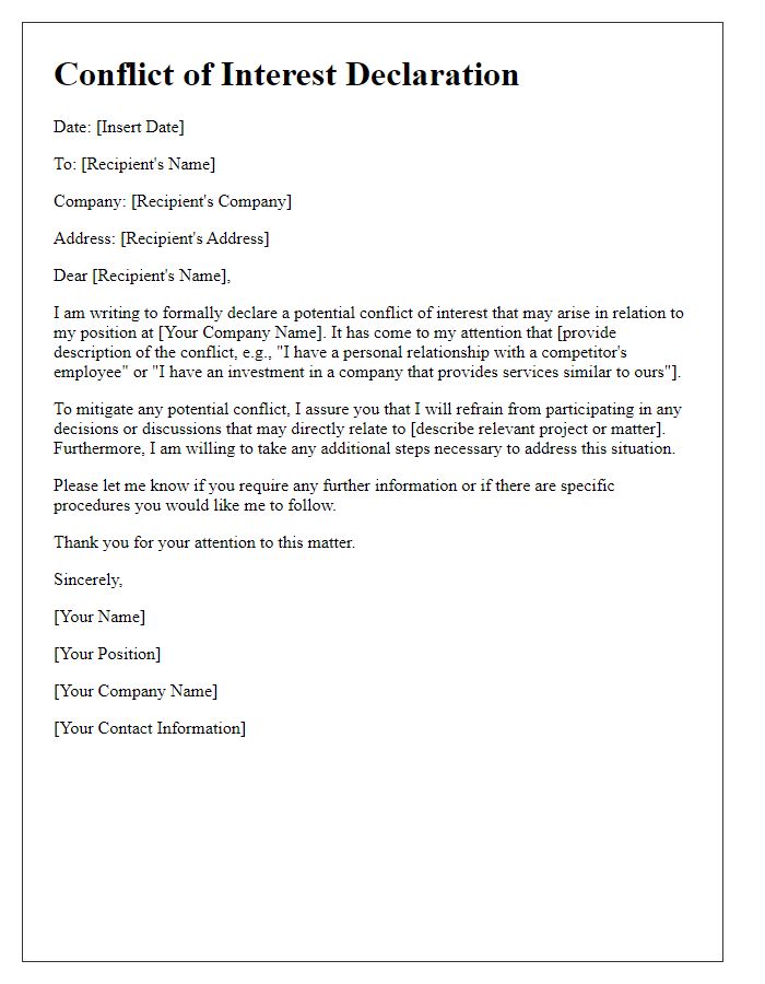 Letter template of business conflict of interest declaration