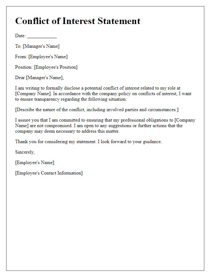 Letter template of employee conflict of interest statement