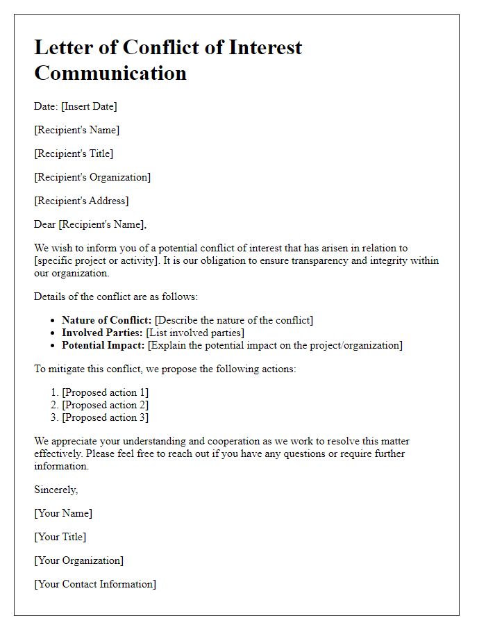 Letter template of organizational conflict of interest communication