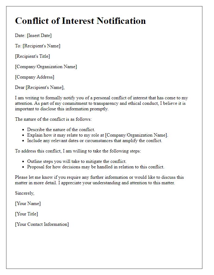 Letter template of personal conflict of interest notification