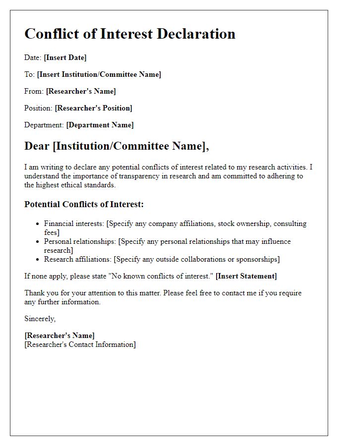 Letter template of researcher conflict of interest form