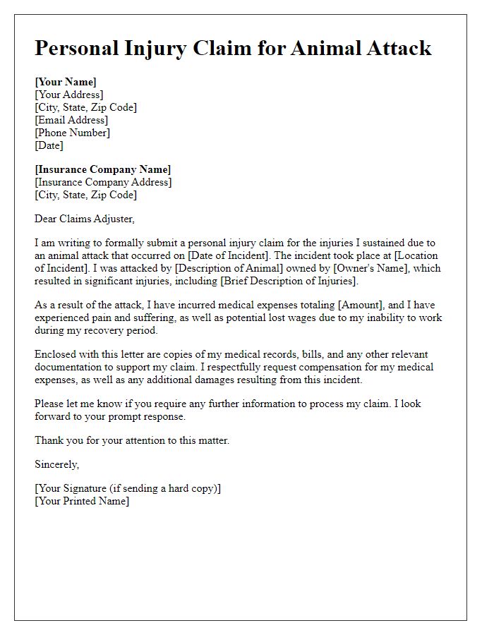 Letter template of personal injury claim for animal attack.