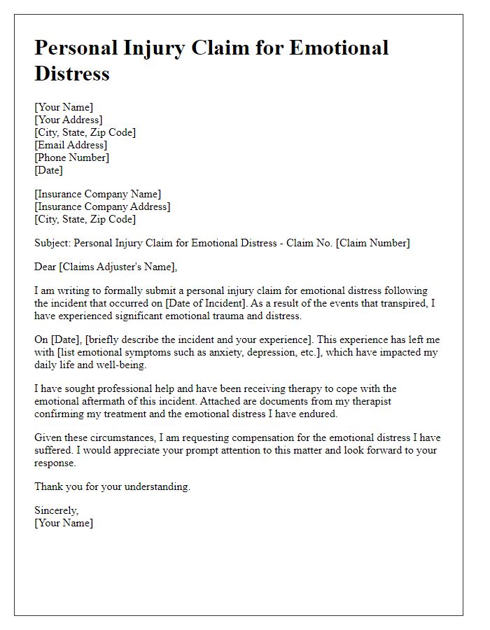 Letter template of personal injury claim for emotional distress.