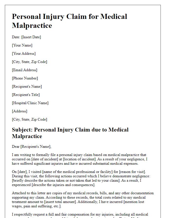 Letter template of personal injury claim for medical malpractice.