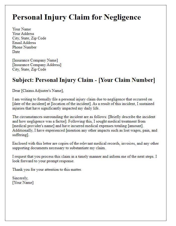 Letter template of personal injury claim for negligence.