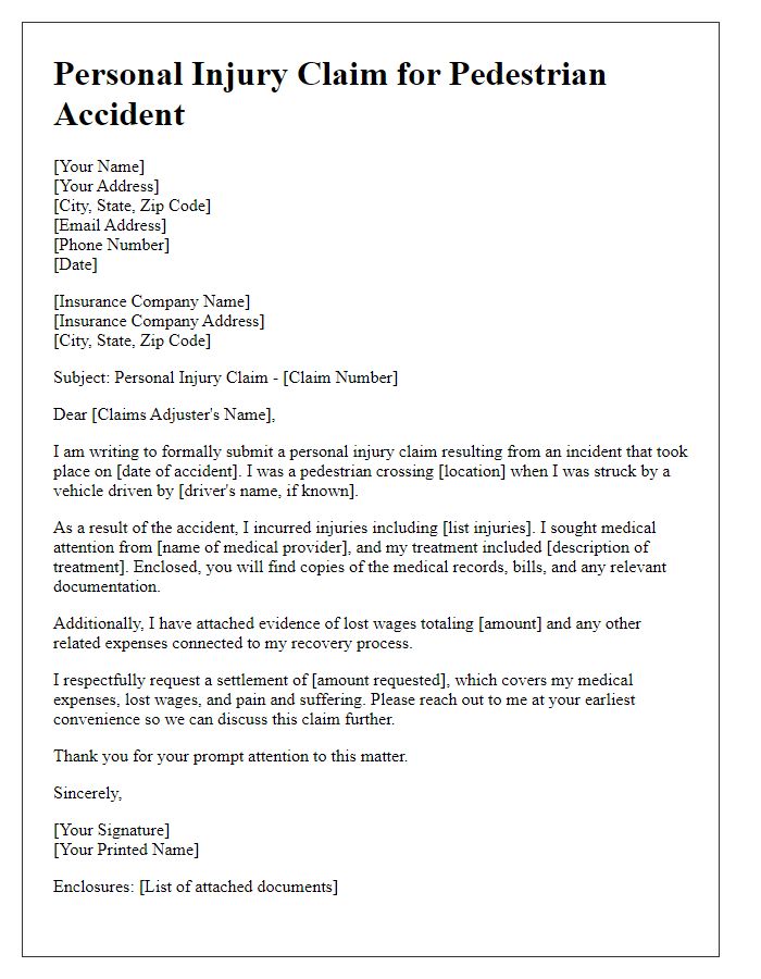 Letter template of personal injury claim for a pedestrian accident.