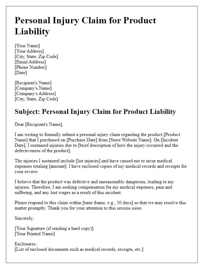 Letter template of personal injury claim for product liability.