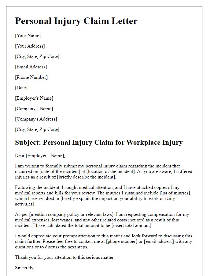 Letter template of personal injury claim for workplace injury.