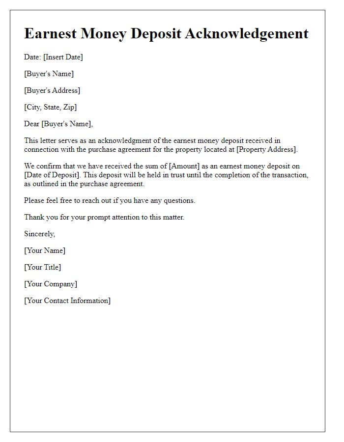 Letter template of earnest money deposit acknowledgement