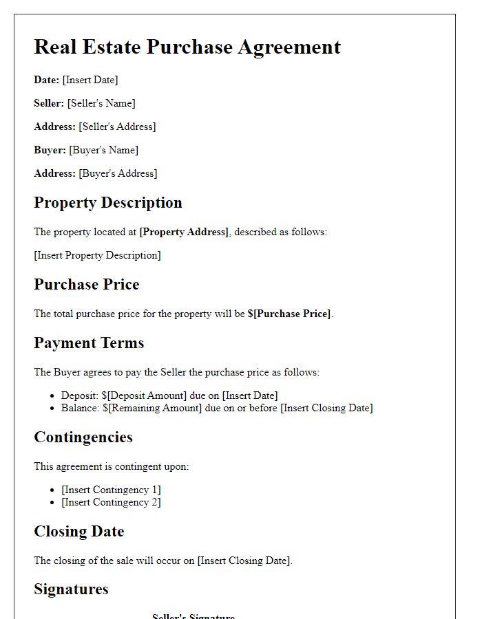 Letter template of purchase agreement for real estate transaction