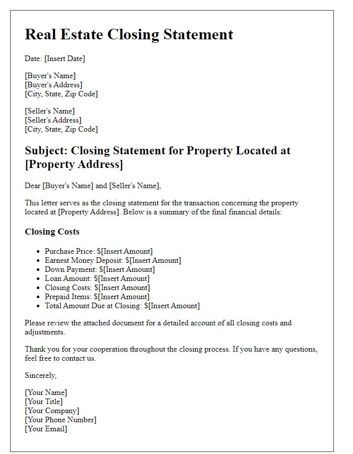 Letter template of real estate closing statement