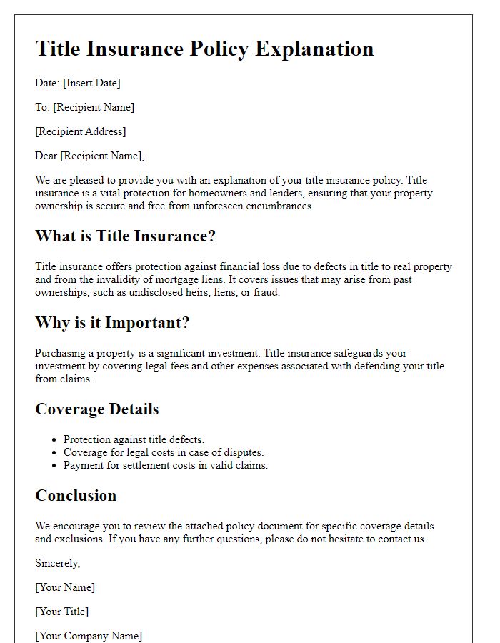 Letter template of title insurance policy explanation