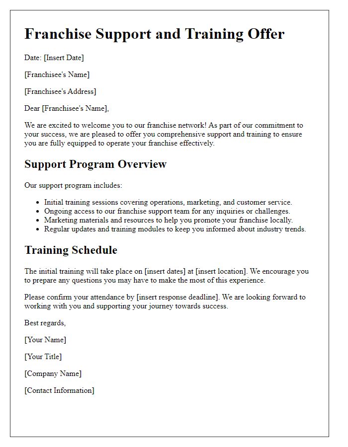 Letter template of franchise support and training offer