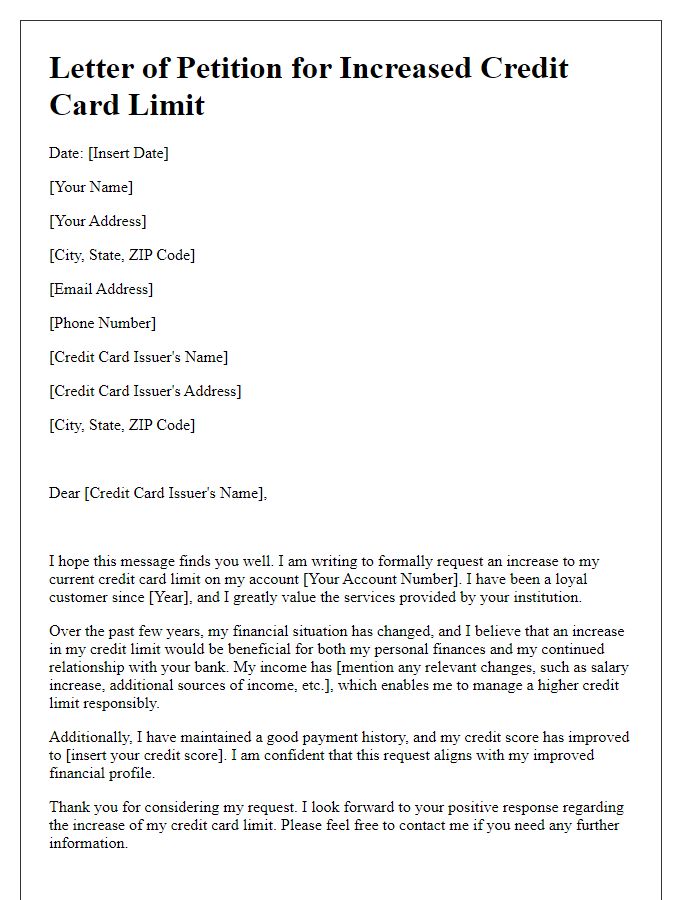 Letter template of petition for increased credit card limit