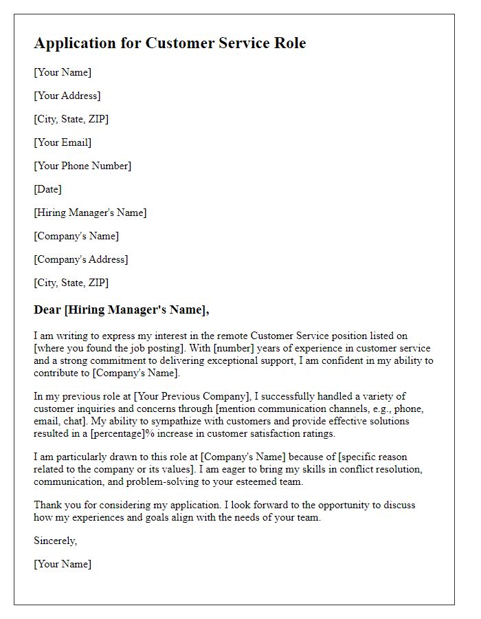 Letter template of remote job application for customer service roles