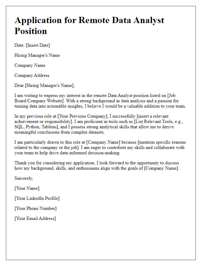 Letter template of remote job application for data analysis positions