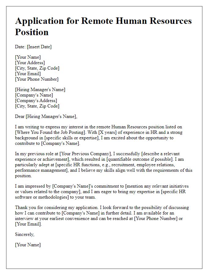 Letter template of remote job application for human resources roles