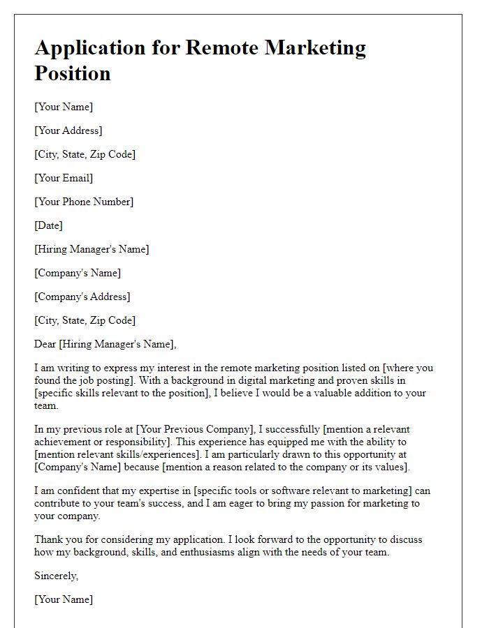 Letter template of remote job application for marketing positions