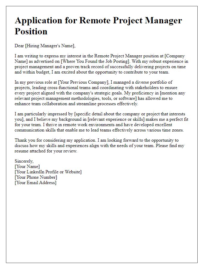 Letter template of remote job application for project management roles