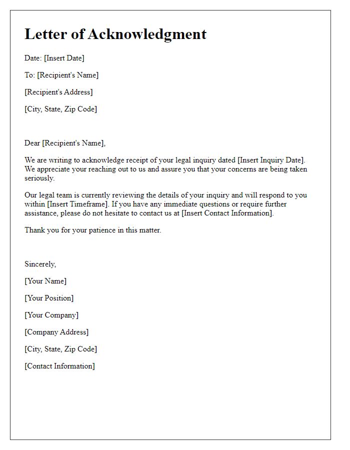 Letter template of legal inquiry acknowledgment