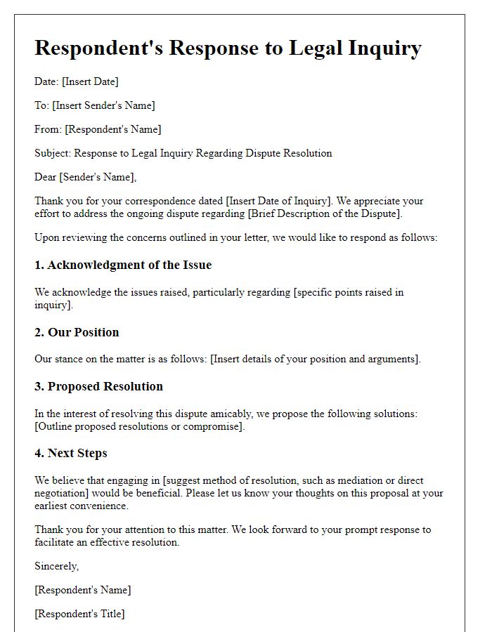 Letter template of legal inquiry dispute resolution response