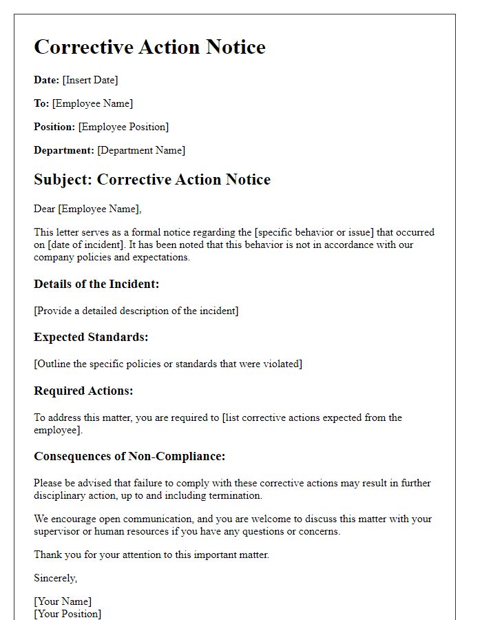 Letter template of corrective action notice