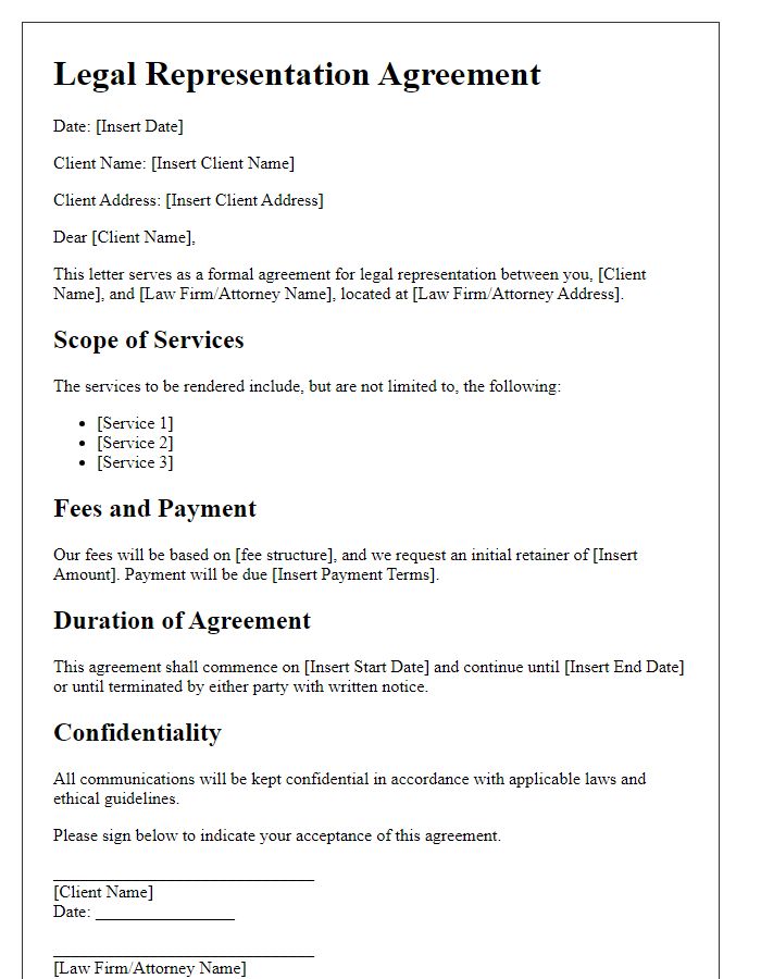 Letter template of legal representation agreement for individual clients.