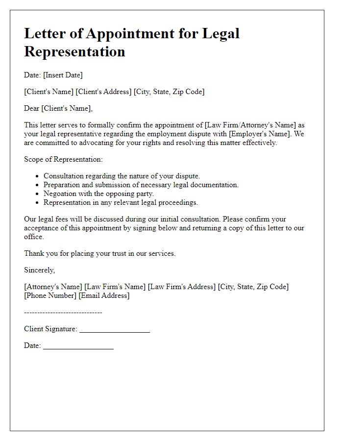 Letter template of legal representation appointment for employment disputes.