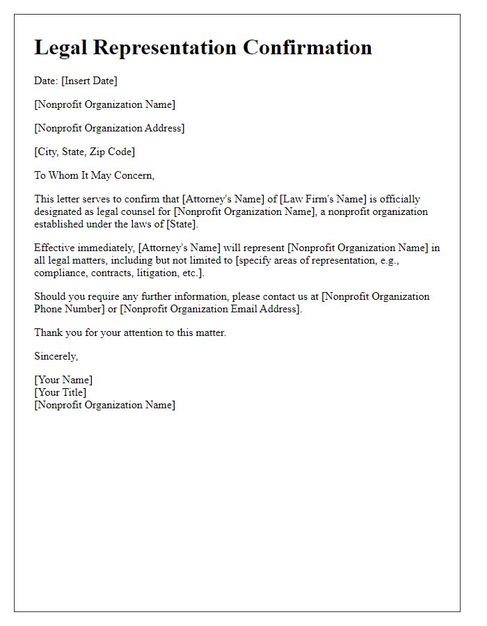 Letter template of legal representation confirmation for nonprofit organizations.