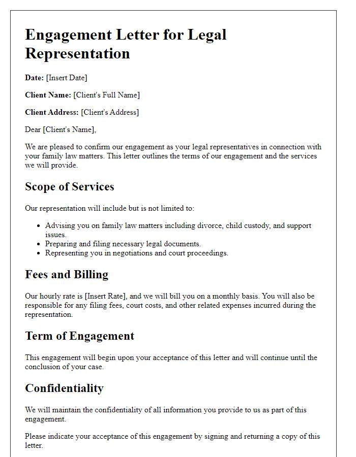 Letter template of legal representation engagement for family law matters.