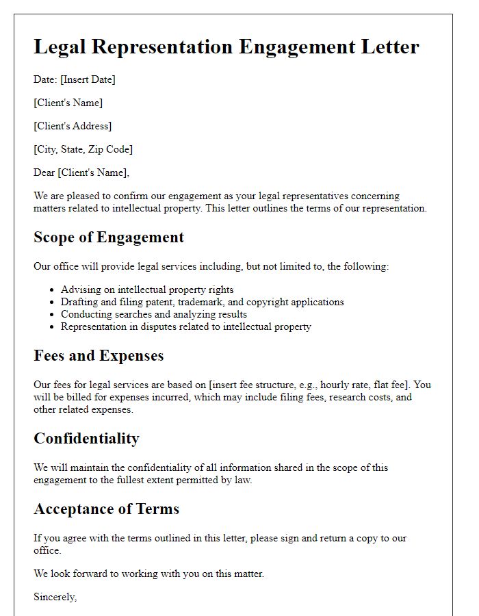 Letter template of legal representation engagement for intellectual property issues.