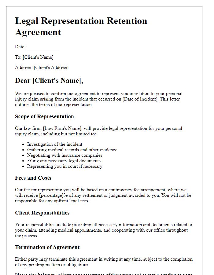 Letter template of legal representation retention for personal injury claims.