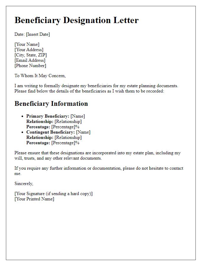 Letter template of estate planning beneficiary designation