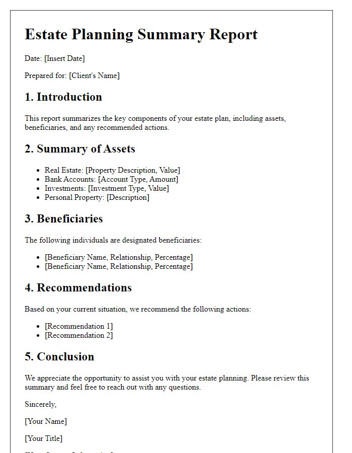 Letter template of estate planning summary report