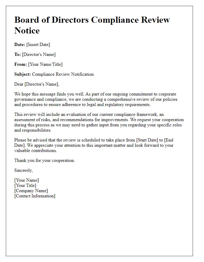 Letter template of board of directors compliance review notice