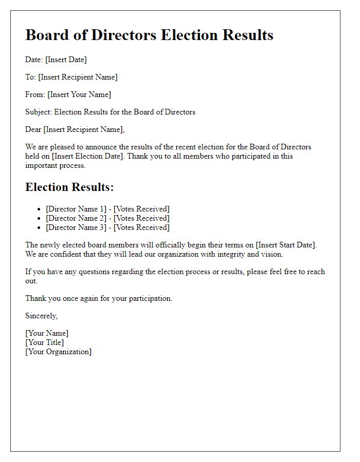 Letter template of board of directors election results