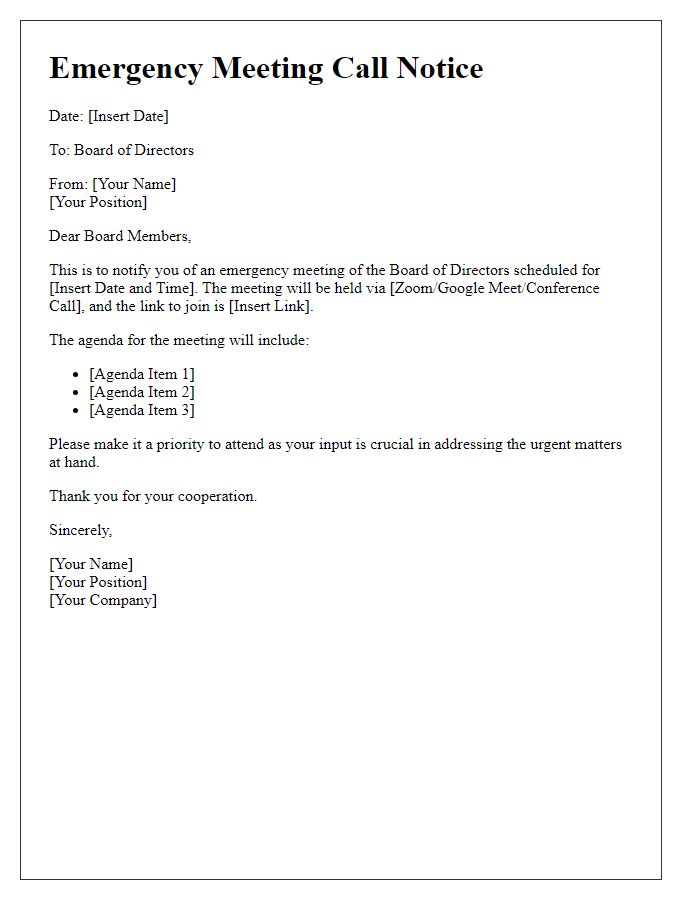 Letter template of board of directors emergency meeting call