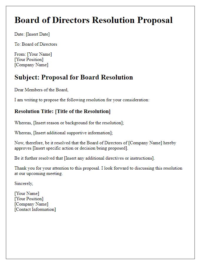 Letter template of board of directors resolution proposal