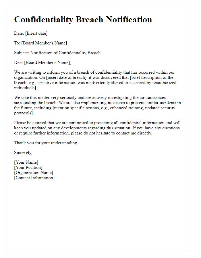 Letter template of confidentiality breach notification for board members.