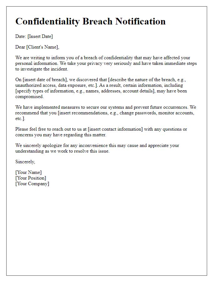 Letter template of confidentiality breach notification for clients.