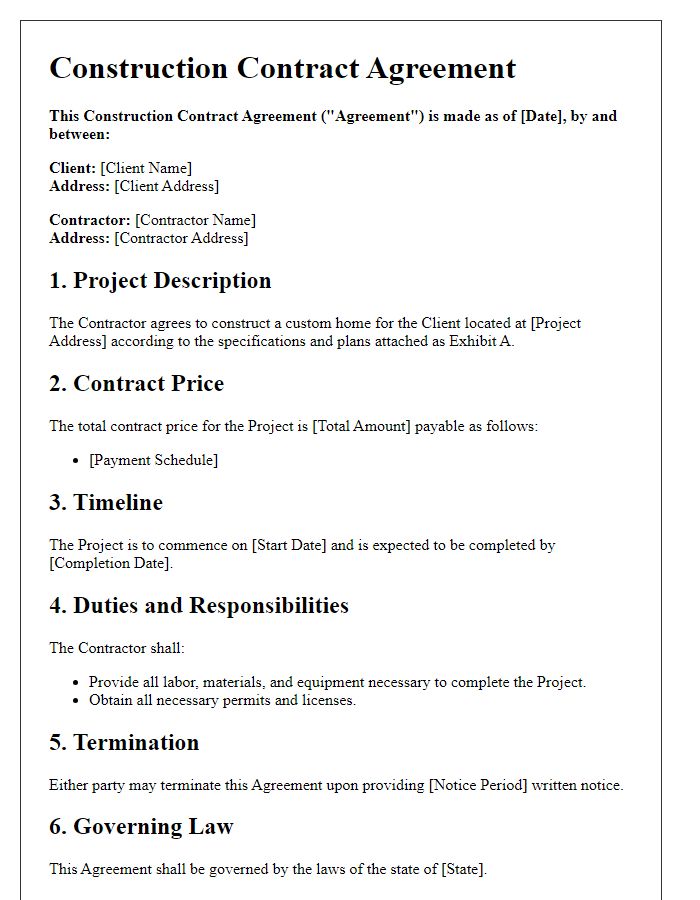 Letter template of construction contract agreement for custom home builds