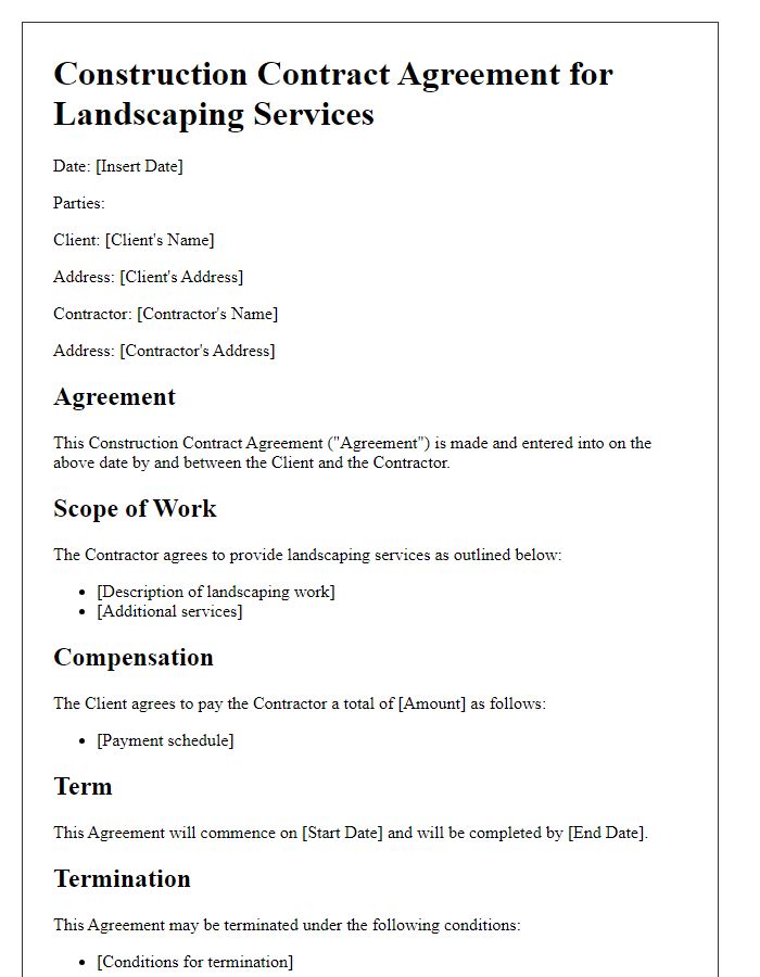 Letter template of construction contract agreement for landscaping services